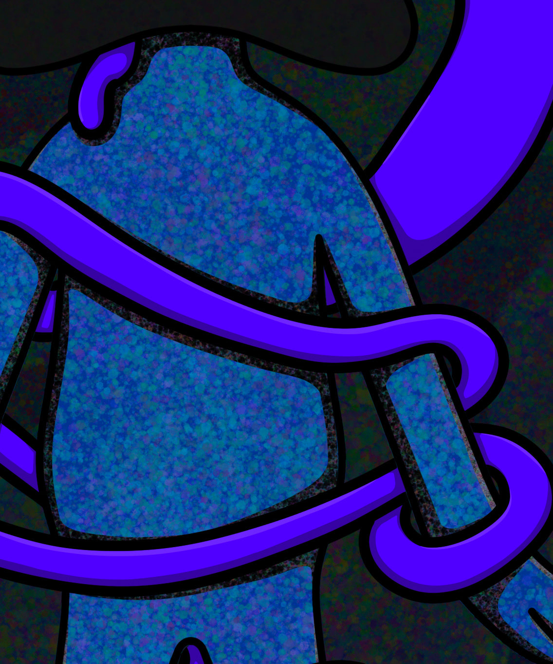 Abstract blue alien character with large eyes and a sad expression, wrapped in a glowing purple tentacle, set against a dark, textured cosmic background