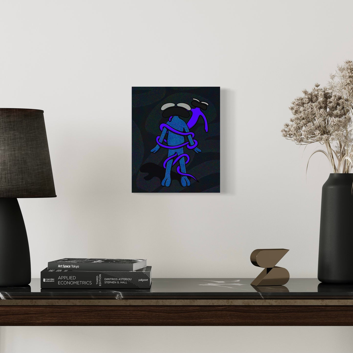 Abstract blue alien character with large eyes and a sad expression, wrapped in a glowing purple tentacle, set against a dark, textured cosmic background. hung on wall with background