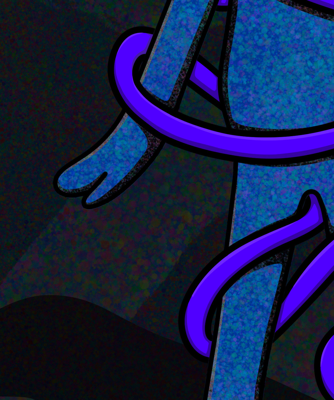 Abstract blue alien character with large eyes and a sad expression, wrapped in a glowing purple tentacle, set against a dark, textured cosmic background