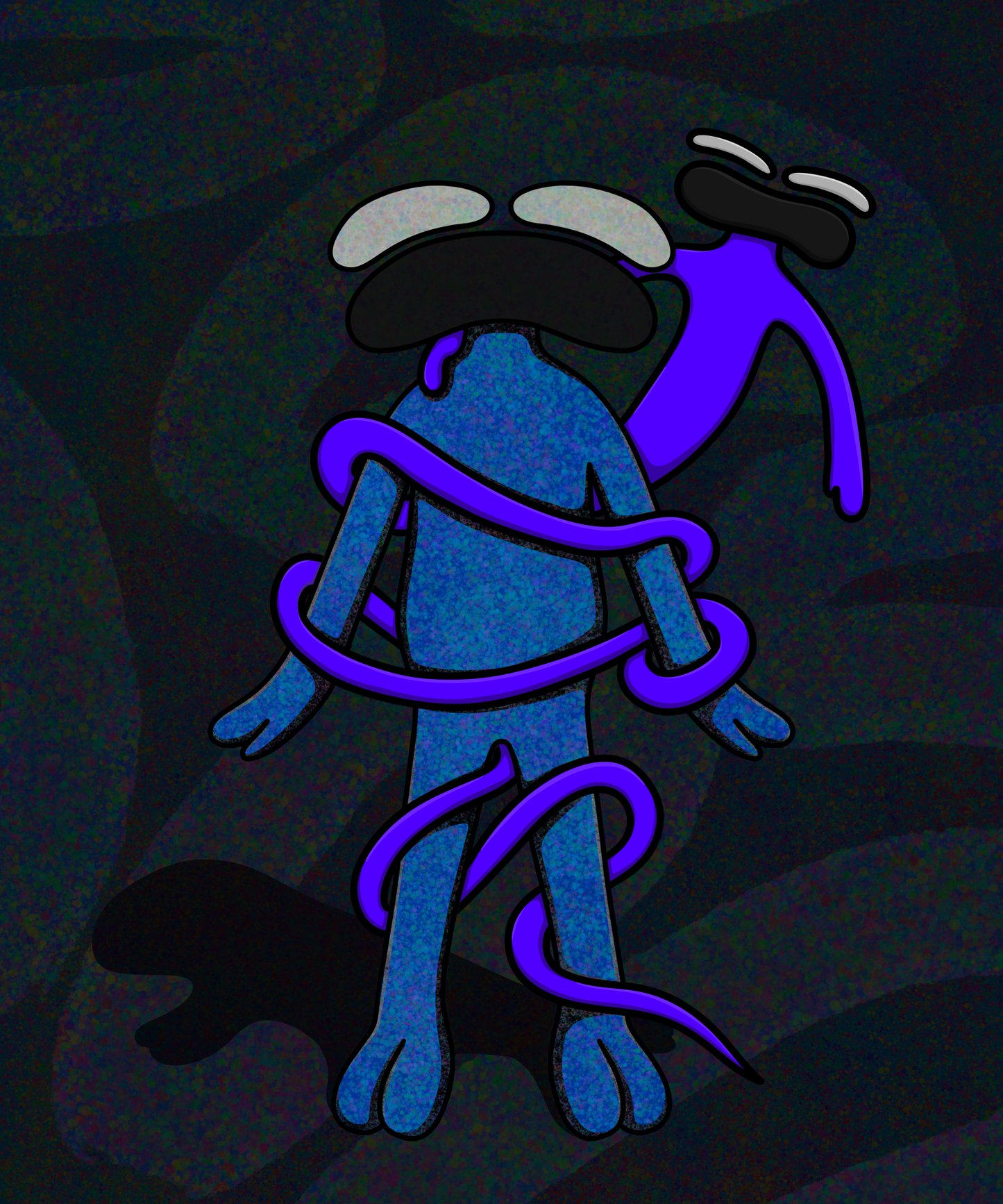 Abstract blue alien character with large eyes and a sad expression, wrapped in a glowing purple tentacle, set against a dark, textured cosmic background