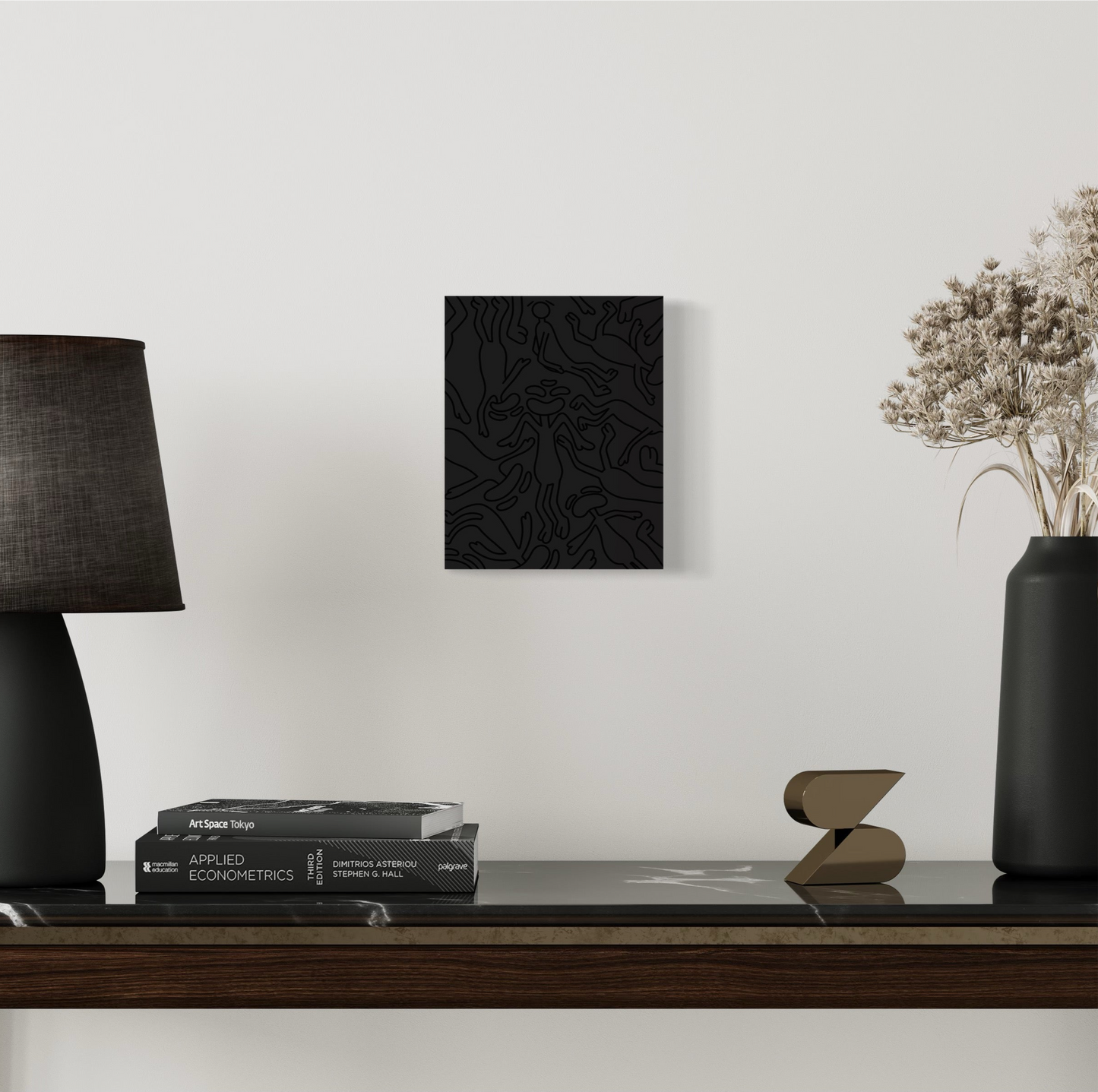 This piece gives the emotion of a black void with characters drawn in black outline falling into it, This represents Yin dark passive and cold. hung on wall with background