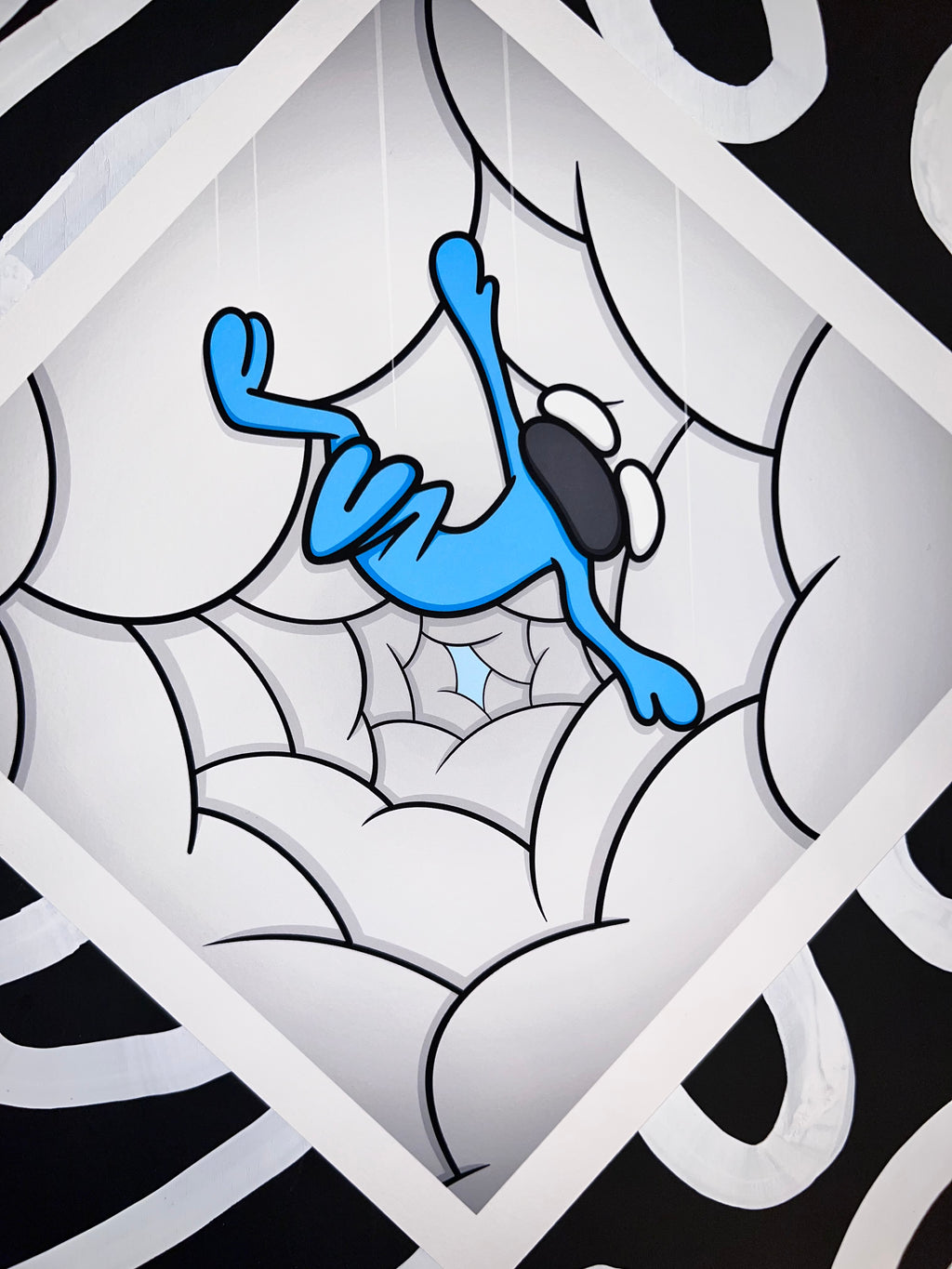  Keep Falling surreal art print featuring a blue figure falling through a hand-drawn web of clouds