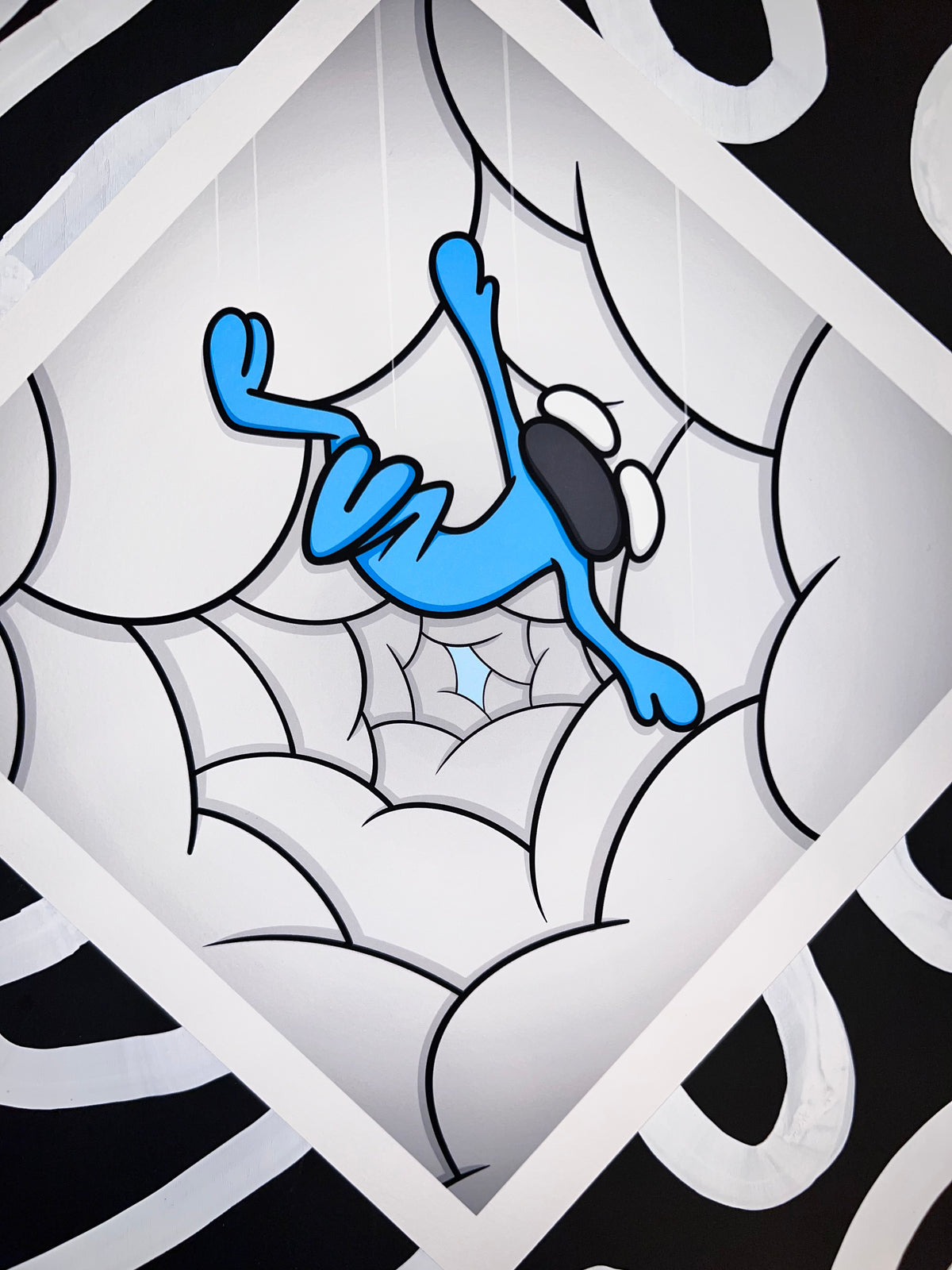  Keep Falling surreal art print featuring a blue figure falling through a hand-drawn web of clouds