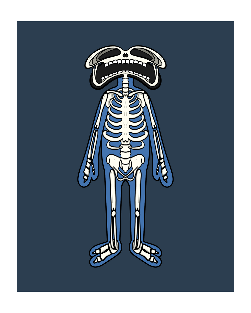 Digital illustration of a cartoon-style character with an exposed skeleton overlay. The figure stands upright against a dark blue background, with a rounded head, large black eyes, and a wide, toothy mouth. The skeletal structure is detailed in white, matching the character’s pose, with visible ribs, arms, legs, hands, and feet. The underlying character appears to have a blue body with a simplified, stylized form.