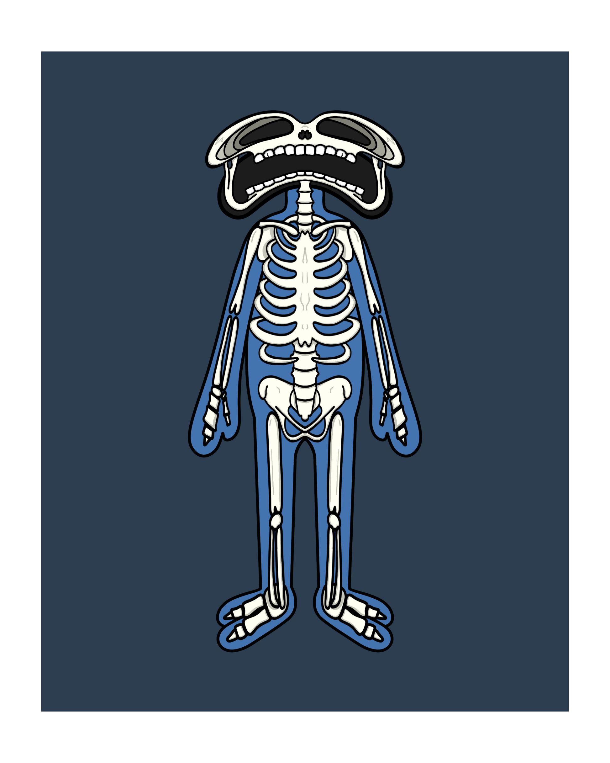 Digital illustration of a cartoon-style character with an exposed skeleton overlay. The figure stands upright against a dark blue background, with a rounded head, large black eyes, and a wide, toothy mouth. The skeletal structure is detailed in white, matching the character’s pose, with visible ribs, arms, legs, hands, and feet. The underlying character appears to have a blue body with a simplified, stylized form.