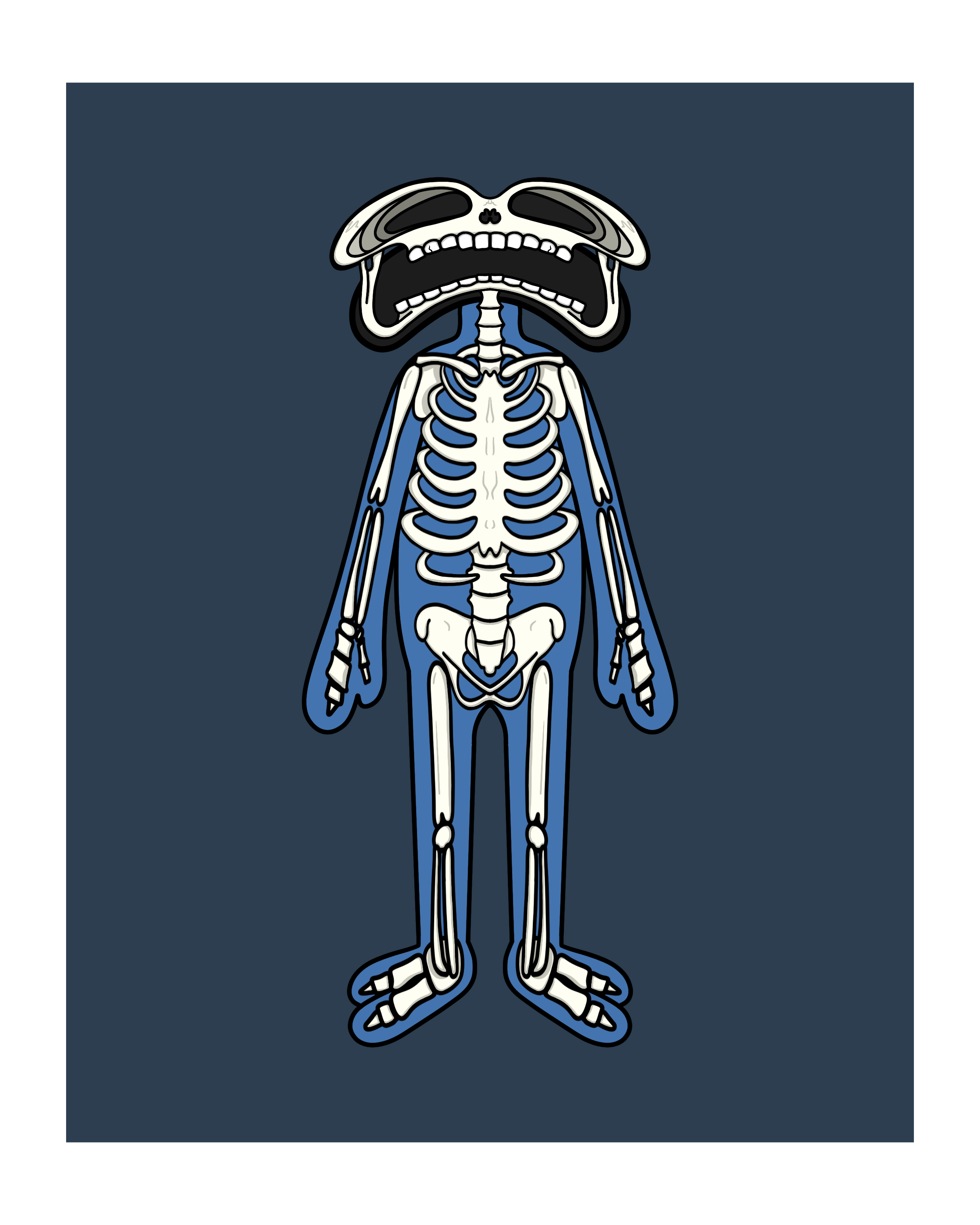 Digital illustration of a cartoon-style character with an exposed skeleton overlay. The figure stands upright against a dark blue background, with a rounded head, large black eyes, and a wide, toothy mouth. The skeletal structure is detailed in white, matching the character’s pose, with visible ribs, arms, legs, hands, and feet. The underlying character appears to have a blue body with a simplified, stylized form.