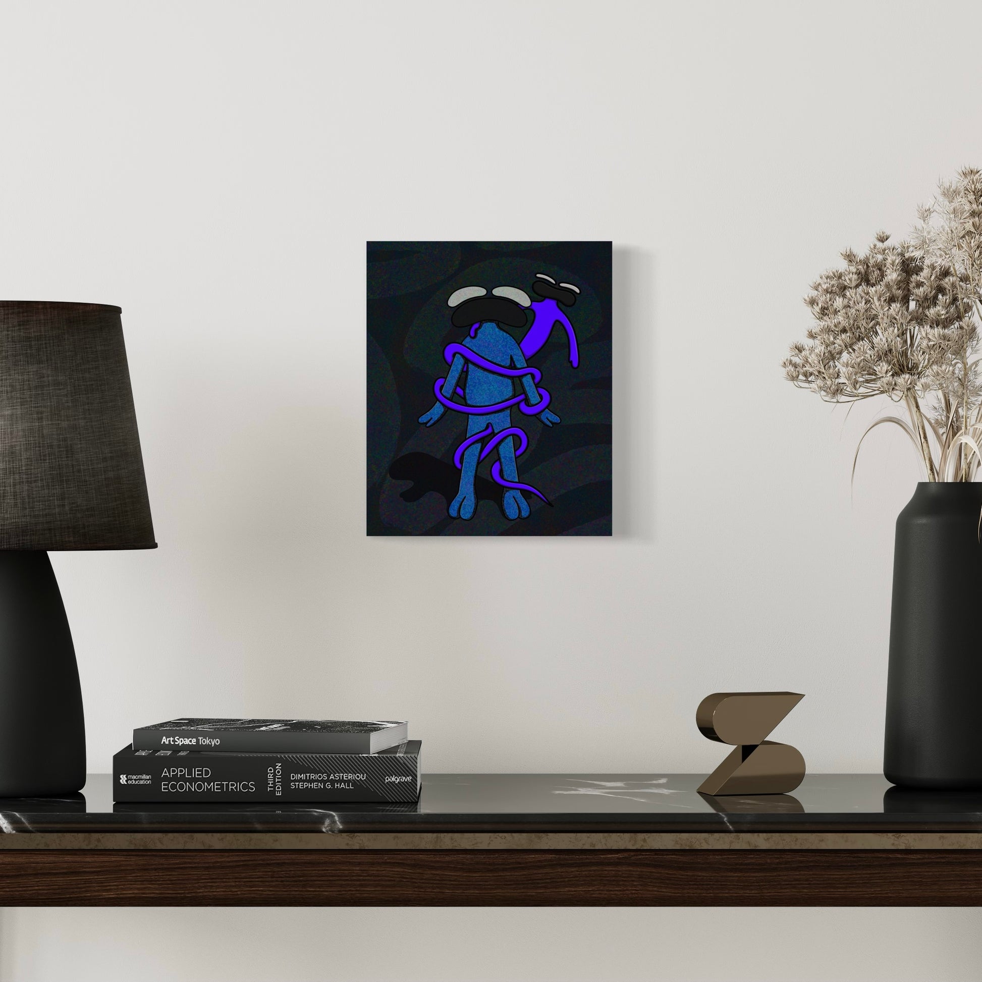 Abstract blue alien character with large eyes and a sad expression, wrapped in a glowing purple tentacle, set against a dark, textured cosmic background. hung on wall with background 