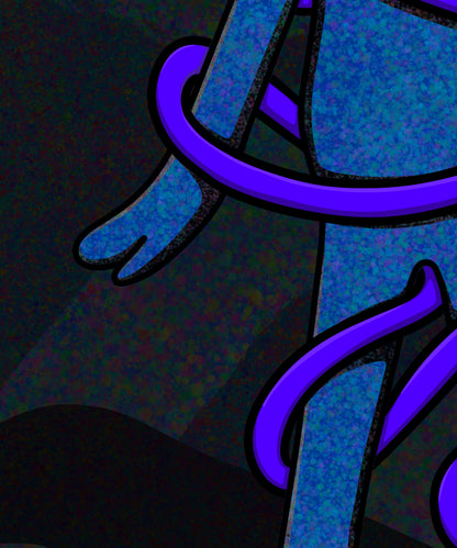 Abstract blue alien character with large eyes and a sad expression, wrapped in a glowing purple tentacle, set against a dark, textured cosmic background