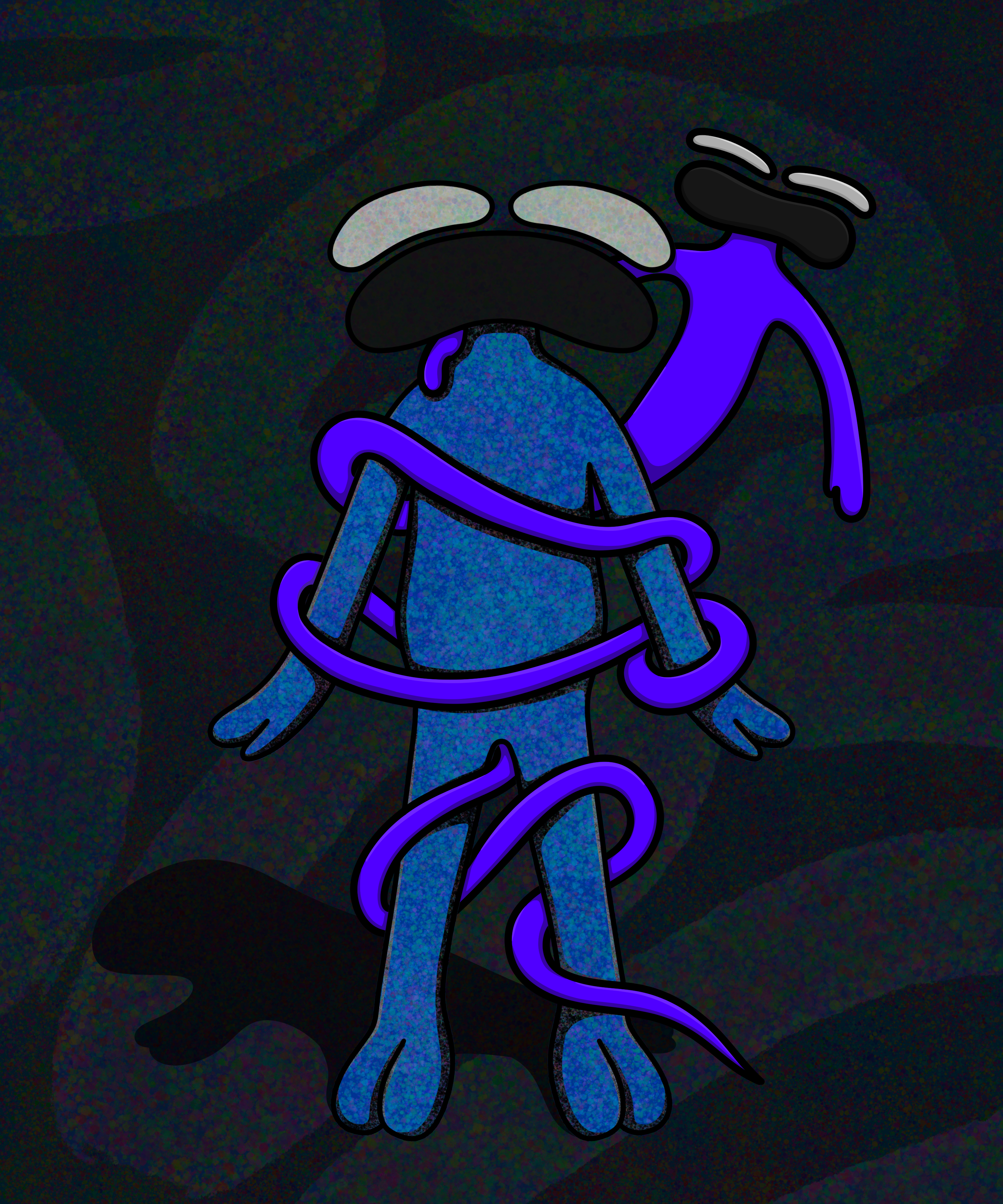 Abstract blue alien character with large eyes and a sad expression, wrapped in a glowing purple tentacle, set against a dark, textured cosmic background