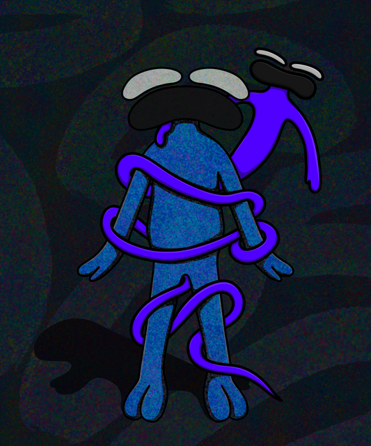 Abstract blue alien character with large eyes and a sad expression, wrapped in a glowing purple tentacle, set against a dark, textured cosmic background