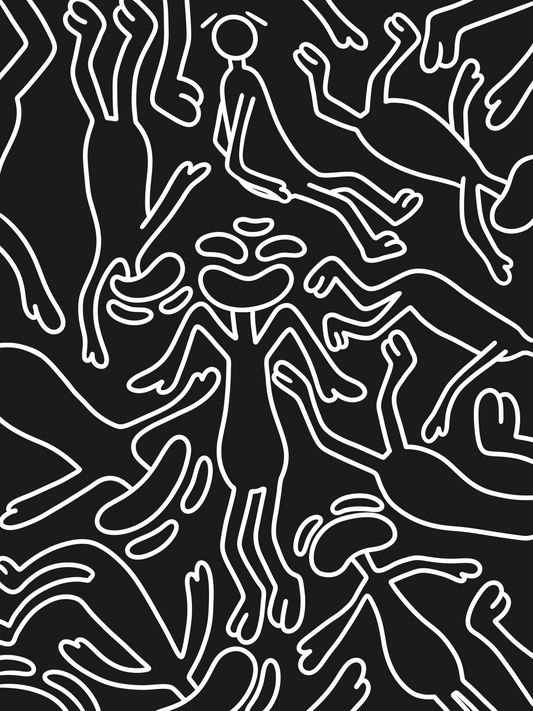 This piece gives the emotion of a black void with characters drawn in white outline falling into it, This represents Yang light activity and warmth.