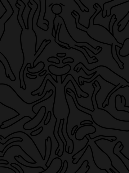 This piece gives the emotion of a black void with characters drawn in black outline falling into it, This represents Yin dark passive and cold.