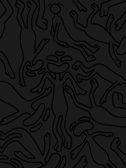 This piece gives the emotion of a black void with characters drawn in black outline falling into it, This represents Yin dark passive and cold.