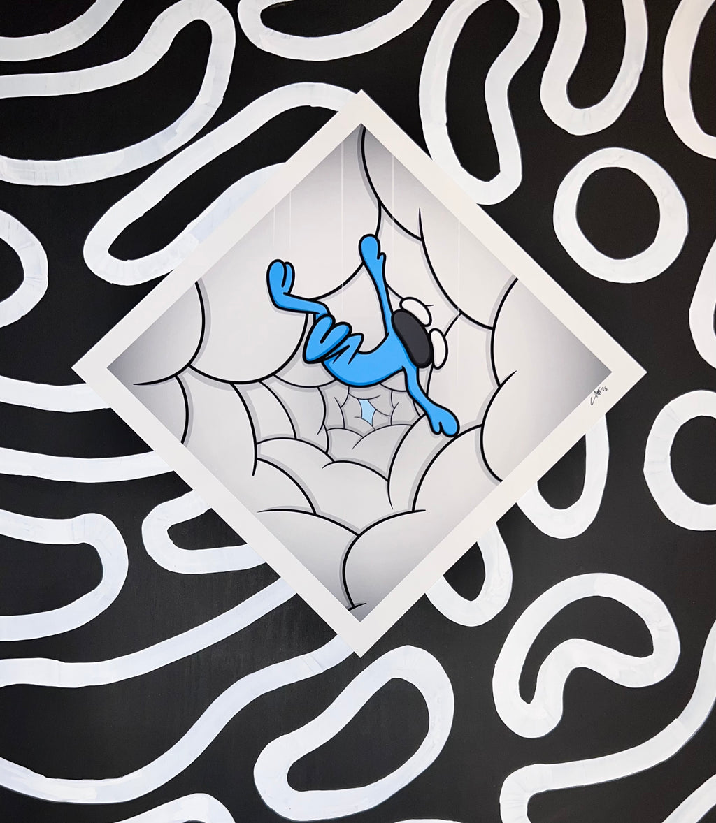 Keep Falling 10x10 inch signed art print by Concentrated Atmosphere shown against black and white abstract patterns